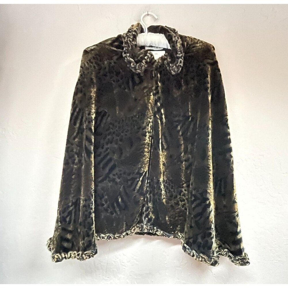 New Shiba Women's 1990s Green/Black Leopard Animal Print Velvet Cape Ruffle Trim